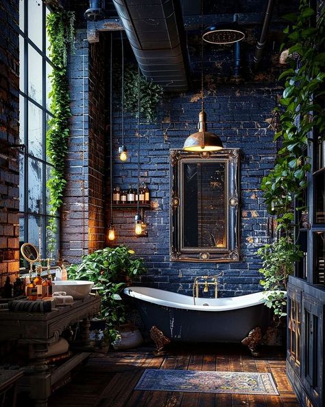 Blue Brick House, Vintage Decor Bathroom, Modern Vintage Bathroom, Gothic Bathroom, Vintage Bathroom Decor, House Flippers, Dark Home Decor, Modern Vintage Decor, Dark Home