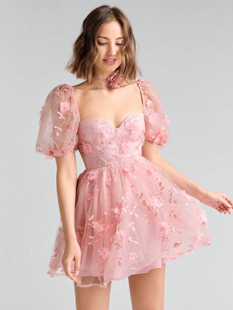 Romántico vestido corto sin espalda con bordado de flores 3D en red de hilo Rosa Fiesta  manga corta Tela tejida Color combinado,Floral,Plantas,Mariposa,Estampado Integral A línea,Entallado y acampanado No-Elástico  Women Clothing, size features are:Bust: ,Length: ,Sleeve Length: Butterfly Dresses For Women, Short Light Pink Dress, Pink Party Dress Short, Pink Puff Dress, Light Pink Short Dress, Annie Core, Pink Homecoming Dress Short, Pink Fairy Dress, Short Bride Dresses