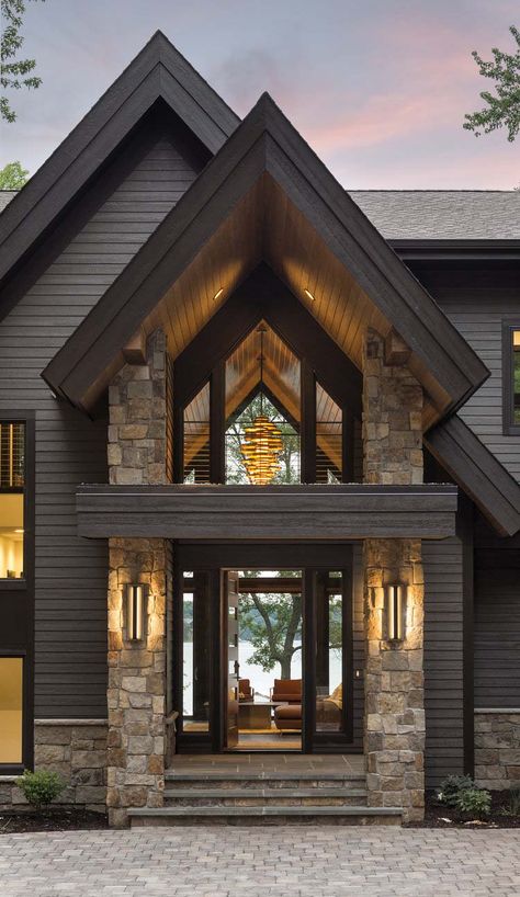 Rustic contemporary lake house with privileged views of Lake Minnetonka Contemporary Lake House, Lake Minnetonka, Modern Lake House, Rustic Contemporary, Front Entrance, Architectural Drawing, Farmhouse Exterior, Dream House Exterior, Exterior House Colors