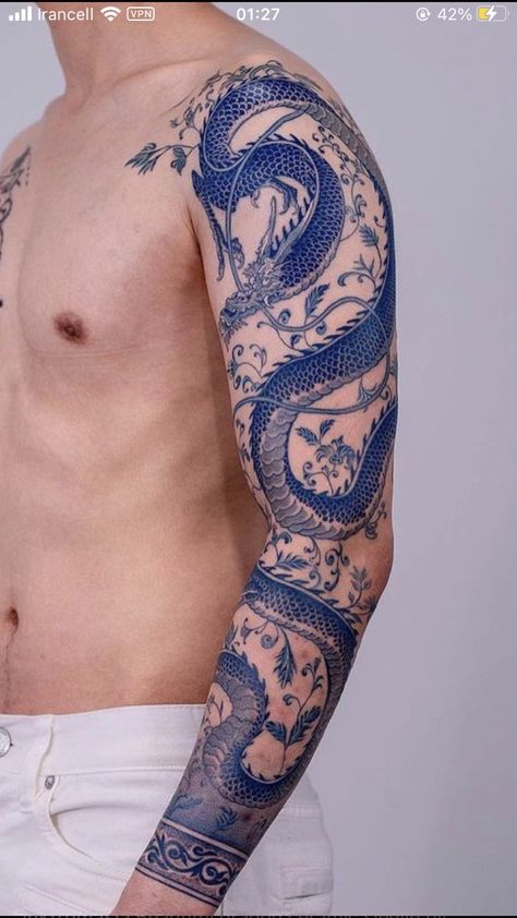 Godzilla Tattoo, Blue Ink Tattoos, Dragon Sleeve, Occult Tattoo, Torso Tattoos, Dragon Sleeve Tattoos, Theme Tattoo, Blue Tattoo, Arm Band Tattoo