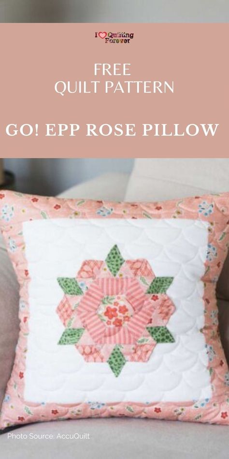 Get your GO! EPP Rose Pillow Quilt Pattern Here. A Free quilt pattern from AccuQuilt. 400+ Free Quilt Patterns for Beginner & Expert. All Quilters can get inspired! Rose Quilt Block Pattern, Rose Quilt Pattern Free, Rose Quilt Block Pattern Free, Epp Patterns Free, Free Epp Quilt Patterns, Epp Projects Free Pattern, Epp Quilt Patterns, English Paper Piecing Projects, Rose Quilt Block