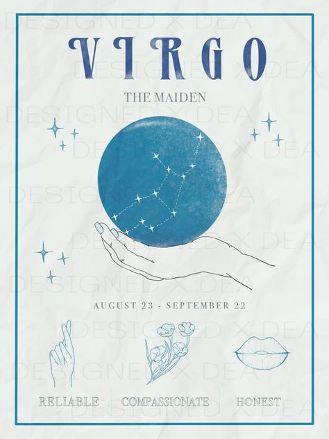 Your zodiac sign brings out the best in you - and now, it can bring out the best of your home. This vintage-vibe Virgo poster comes in 4 different sizes and printed on premium matte paper for a high-quality finish. It's fun to hang as is, or frame for an added touch of sophistication. Keep it for your own home or give it as a gift to a fellow Virgo! Virgo Poster, Virgo Szn, Virgo Star Sign, Zodiac Sign Virgo, Horoscope Art, Occult Decor, Virgo Art, Zodiac Poster, Summer Room