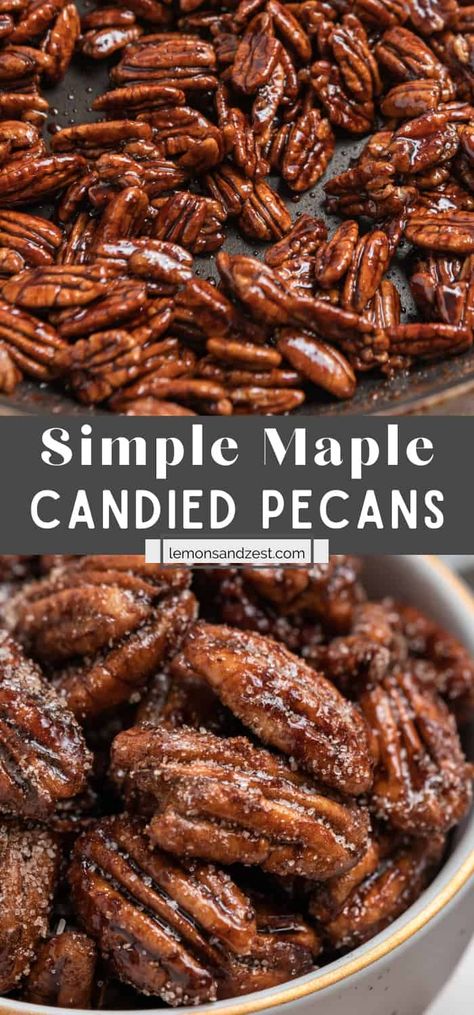 A simple sweet snack, these easy Maple Candied Pecans on stovetop are ready in minutes. Make them with a mixture of pecans, cashews and almonds or just stick to the classic pecans. A nice hint of cinnamon paired with the rich maple flavor make these nuts perfect for snacking, on top of ice cream, salads and more! Candied Pecans With Honey, Maple Syrup Candied Pecans, Caramelised Pecans, Fireball Candied Pecans, Candy Cashews Recipes, How To Make Candy Pecans, Beer Nuts Recipe Simple, Candied Pecans Maple Syrup, Easy Candied Nuts Recipe