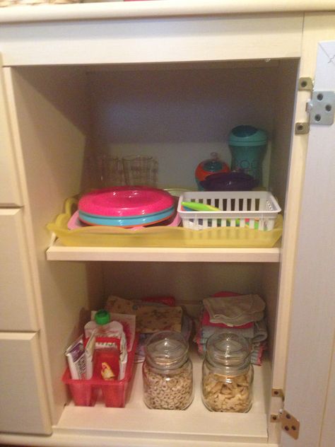 Montessori Kitchen Cabinet Montessori Mom, Safe Cabinet, Montessori Kitchen, Wooden Play Food, Toddler Kitchen, Montessori Method, Baby Toys Diy, Montessori Toddler Activities, Busy Boards For Toddlers