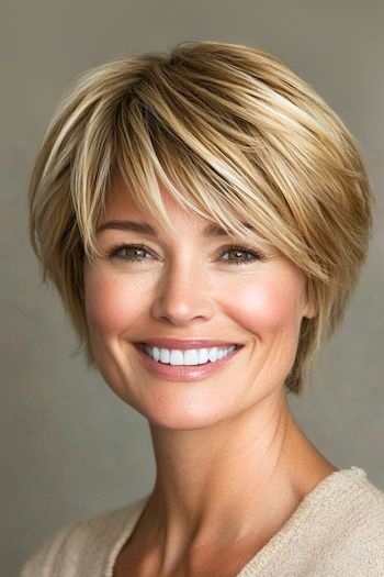 Save this pin for the best short layered haircuts for older women. If you love curves and softness in a short style, this rounded pixie with bangs is perfect. It’s all about that graceful, rounded shape. Pixie Haircuts For Square Faces, Jaw Length Layered Bob, Wolf Cut Short Hair With Round Face, Choppy Pixie Cut With Bangs, Short Length Hair With Layers, Short Blowout Hairstyles, Short Layered Hair With Bangs, Curly Layered Bob, Short Layered Bob With Bangs