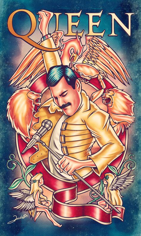 Ilustração sobre uma das maiores bandas de todos os tempos, o Queen! Na arte vemos o incrível vocalista Freddie Mercury com sua clássica jaqueta amarela, cercado pelo brasão da banda inglesa. Arte Jazz, Rock Band Posters, Band Poster, Freddy Mercury, Queen Freddie Mercury, Queen Art, Rock N’roll, Queen Band, Rock Posters