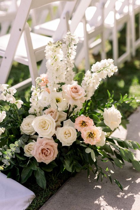 soft pink and white aisle floral arrangement #socalweddingplanner #timelessweddingcolors White Ground Floral Arrangement, Wedding Pergola Flowers, Pink And White Wedding Florals, Floral Aisle Wedding, Wedding Aisle Flowers On Ground, Church Flowers Wedding, Flower Walkway, White And Pink Wedding Flowers, Outdoor Aisle