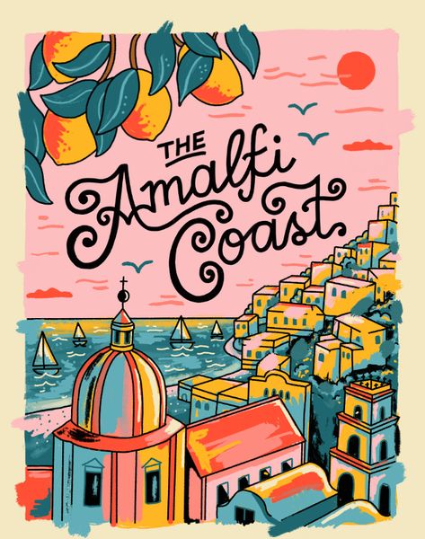 Italy Design Graphic, Amalfi Coast Art, Italy Graphic Design, Italy Illustration, Graphic Business, Illustrated Postcard, Amalfi Coast Travel, Graphisches Design, Travel Illustration