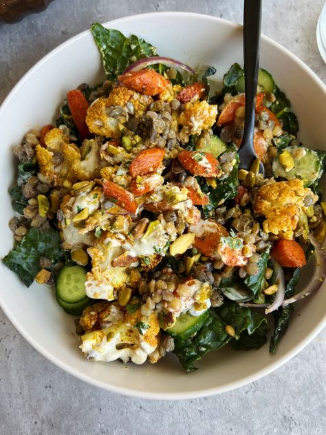 Roasted Cauliflower Lentil Salad - Something Nutritious Cauliflower And Lentil Recipes, Brown Lentil Salad, Cauliflower Salad Recipes, Lentils Cauliflower, Roasted Vegetable Lentil Salad, Kale And Roasted Cauliflower Salad, Roasted Cauliflower Lentil Salad, Lentil Salad Recipes, Healthy Summer Dinners