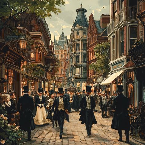 "Victorian Street Scene: Elegant Victorian era individuals walking leisurely through a bustling, architecturally rich urban street lined with shops. #victorians #streetscape #elegancelifestyle #historicarchitecture #cobblestonestreets #aiartworks #aistockphoto #stockcake ⬇️ Download and 📝 Prompt 👉 https://stockcake.com/i/victorian-street-scene_1206583_781204" Victorian Era Landscape, Victorian Street Scene, 1800s Streets, Victorian City House, Victorian Era Buildings, Victorian Royalty Aesthetic, Victorian Street Aesthetic, Victorian Village Aesthetic, Victorian City Aesthetic