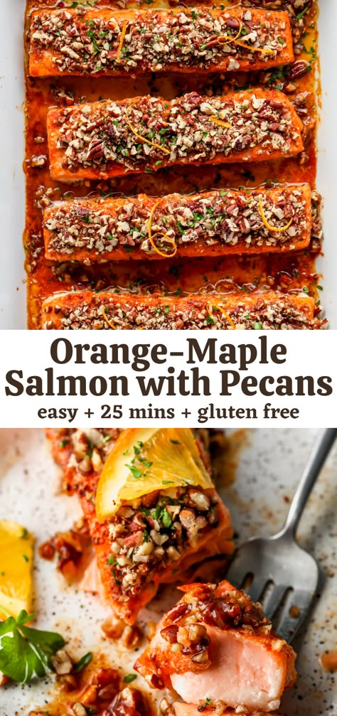 Orange-Maple Glazed Salmon with Crushed Pecans is a simple, yet impressive entree. Ready in right around 20 minutes with restaurant-worthy flavor. #salmondinner #salmonrecipes #healthydinner via @https://www.pinterest.com/jamievespa/ Salmon Thanksgiving, Holiday Salmon Recipes, Salmon Thanksgiving Dinner, Thanksgiving Salmon, Maple Orange Salmon, Salmon With Maple Glaze, Orange Marmalade Salmon, Maple Pecan Salmon, Orange Marmalade Glazed Salmon