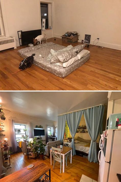 Tiny Studio Apartment Decorating, Small Studio Apartment Decorating, Cozy Studio Apartment, Tiny Studio Apartments, Studio Apartment Design, Studio Apartment Living, Tiny Apartments, Tiny Studio, Studio Apartment Layout