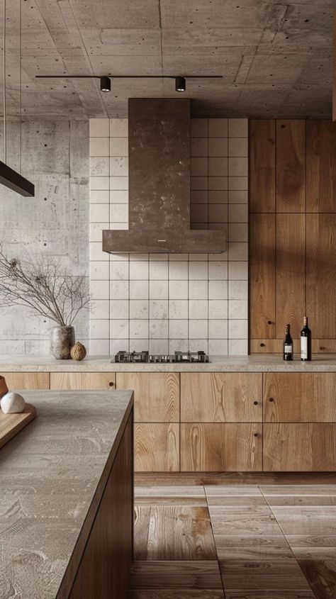 Raw Modern Interior, Cement And Wood Interior, Natural Material Kitchen, Wood And Concrete Interior, Wooden Kitchen Modern, Concrete And Wood Kitchen, Concrete Wood Interior, Concrete Kitchen Cabinets, Interior Design Concrete