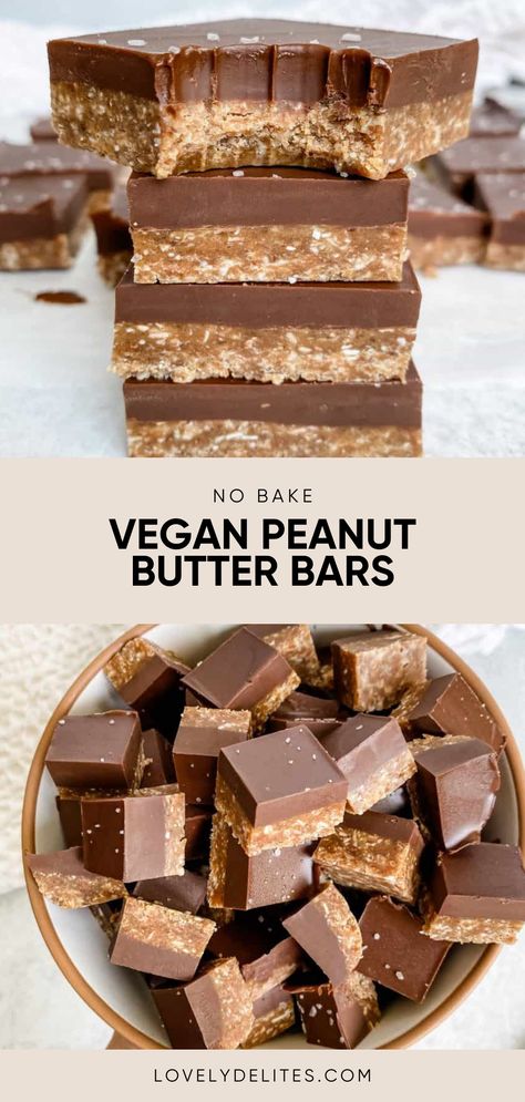 Vegan Peanut Butter Bars taste just like a peanut butter cup, but better! They only require 4 simple ingredients and are the best vegan no bake dessert! These peanut butter bars have chocolate on top and caramely bottoms. As written, this is a vegan and gluten free chocolate dessert. Vegan Peanut Butter Desserts, Vegan Chocolate Peanut Butter Bars, Wfpb Dessert Recipes, No Butter Dessert Recipes, Vegan Squares, Vegan Peanut Butter Bars, Wfpb Dessert, Vegan Slice, Vegan No Bake