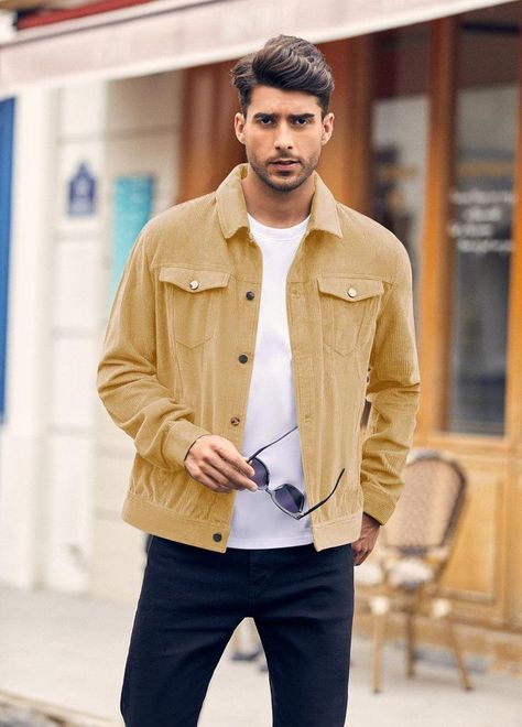 This corduroy jacket is very stylish. The pockets are good and feels like a good three season jacket. #men #corduroy #trucker #jacket Corduroy Jacket Outfit Men, Smart Casual Denim, Corduroy Jacket Outfit, Corduroy Trucker Jacket, Mens Corduroy, Brown Corduroy Jacket, Fall Winter Coat, Party 2023, Beige Chinos