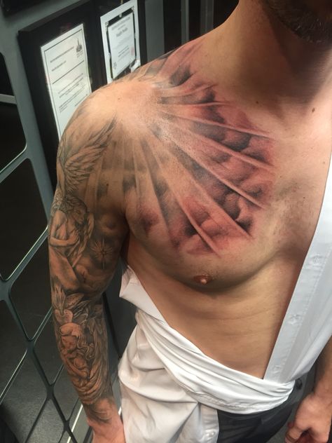 Tattoo Men Ideas Shoulder, Chest Tattoo Filler Men, Angel Tattoo Men Shoulder, Collarbone Tattoo Men, Shoulder Tattoo Men, Shoulder Piece Tattoo, Upper Arm Tattoos For Guys, Upper Shoulder Tattoo, Cool Half Sleeve Tattoos