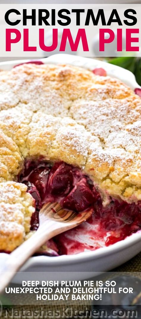 Christmas Plum PIe, This deep dish plum biscuit pie is easy to assemble, but looks and tastes like something time intensive. The homey biscuit topping is crumbly and hugs the delicious plums below. I love seeing the bubbling ruby juicies come through the center and edges of the pie. Plums just taste so so good when baked.  Your home will smell delicious and your taste buds will thank you. #pie #baking #christmas #holidaybaking #christmas Biscuit Pie, Plum Pie Recipe, Classic Christmas Recipes, Plum Pie, Dessert Pie Recipes, Plum Recipes, Pie Baking, Salad Chicken, Christmas Pie