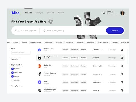 Voo - Job finder platform by Bats for Orizon: UI/UX Design Agency on Dribbble App Homepage, Search Ui, Ui System, Find Your Dream Job, Ui Ux Website, Ux Kits, News Web Design, Job Website, Homepage Design