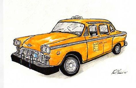 Doodle Cars, Taxi Drawing, Nyc Drawing, Watercolor Pencil Drawing, Checker Cab, New York Cake, Live Sketch, Junk Journal Stickers, New York Taxi