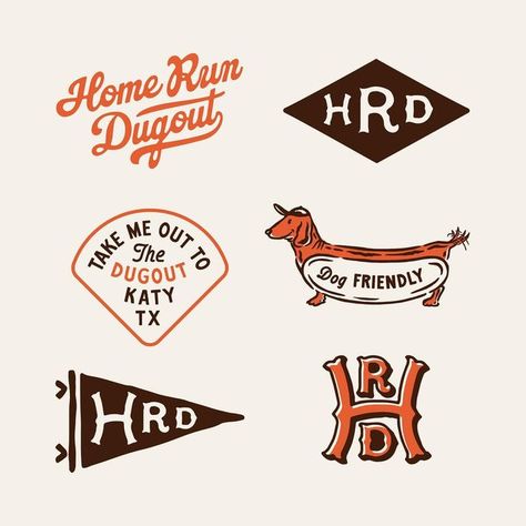 Radical Design Co. on Instagram: "These are some graphics we worked on with our friend @sample_co for @homerundugout - The place where the best ideas come from, like grandmas crushing home runs, dogs eating hot dogs, pitchers of your favorite craft beer, 7 mph "fastballs" and mustaches for everyone. - The guys at Home Run Dugout wanted to build a place where anyone could hit a home run in a simulated Batting Bay™️ and prove once and for all that baseball is not boring, many thanks to all the pe Retro Baseball Design, Cowboy Graphic Design, Diner Branding, Dogs Eating, Radical Design, Vintage Shirt Design, Beer Stickers, Graphic Design Portfolio Inspiration, Dog Branding