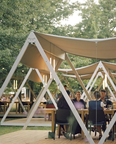 Melbourne architects design temporary dining pavilions for NGV garden | ArchitectureAU Temporary Architecture, Melbourne Architecture, Module Design, Pavilion Architecture, Warehouse Design, Pavilion Design, Temporary Structures, Outdoor Pavilion, Tent Awning