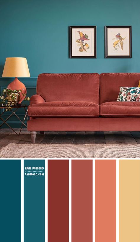 From previous autumn living room colour scheme that inspired us to create more living room colour palette in autumn shades. What better colour to... Teal Living Room Color Scheme, Teal Sofa Living Room, Teal Living Room Decor, Teal Living Rooms, Color Palette Living Room, Teal Sofa, Living Room Orange, Teal Walls, Living Room Color Schemes