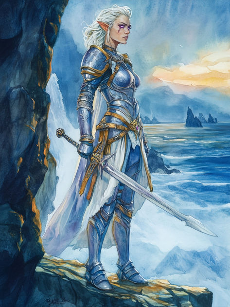 A fearless paladin with piercing violet eyes that glow like brilliant sapphires, her half-elf lineage is evident in her pointed ears and lithe grace. Her armor, polished and gleaming, reflects her unwavering dedication as she gazes across the icy fjords she has sworn to protect. Cascading waves of silver hair frame a face marked by both wisdom and resolve. #paladin #half-elf #dnd #characterart #aiart #midjourney #dndart #dungeonsanddragons #illustration #fantasyart #characterdesign #character. Dnd Paladin Art, Half Elf Paladin, Character Showcase, Elf Paladin, Dnd Paladin, Dnd Elves, Dnd Stories, Half Elf, Elf Characters