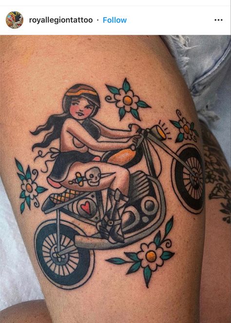 Biker Pinup Tattoo, Japanese Pinup Tattoo, Traditional Motorcycle Tattoo, Traditional Leg Tattoos Women, Nola Tattoo, Motorcycle Tattoo, Feminine Skull Tattoos, Traditional Tattoo Designs, Tattoo Apprenticeship