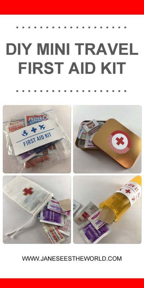 Here at Jane Sees the World, we recommend you pack a few basic first aid items and medications. Your mini travel first aid kit does not have to be fancy. Simply throw a few things together, label them properly and hit the road. Diy First Aid Kit, First Aid Kit Diy, First Aid Kit Travel, First Aid Kit Checklist, Camping First Aid Kit, Mini First Aid Kit, First Aid Tips, Basic First Aid, Emergency First Aid