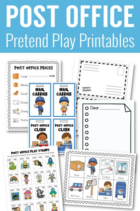 Post Office Ideas For Preschool, Dramatic Play Mail Center Preschool, Pretend Play Post Office Free Printables, Pretend Post Office, Postman Activities Preschool, Mail Carriers Preschool Activities, Free Post Office Play Printables, Post Office Printables Free, Free Post Office Printables