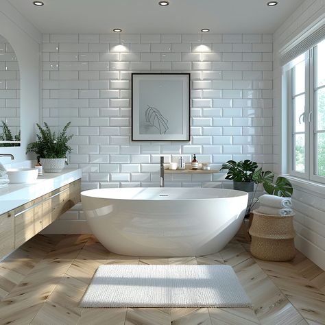 Explore this serene ensuite bathroom, featuring an oval freestanding bathtub surrounded by wooden floors and white subway tiles. Soft natural light fills the space through large windows, enhancing the tranquility. The decor includes lush plants, cozy rugs, and light wooden panels. Elegant sconces and a framed poster add a touch of sophistication, creating a perfect personal oasis for relaxation. Wall Behind Bathtub, Freestanding Bath Small Bathroom, Wooden Tiles Flooring Bathroom, Bathroom With Freestanding Bathtub, Oval Bathtub, Large White Bathroom Tiles, Wooden Floor Bathroom Ideas, Wooden Floor Bathroom, Bathroom Oasis Ideas