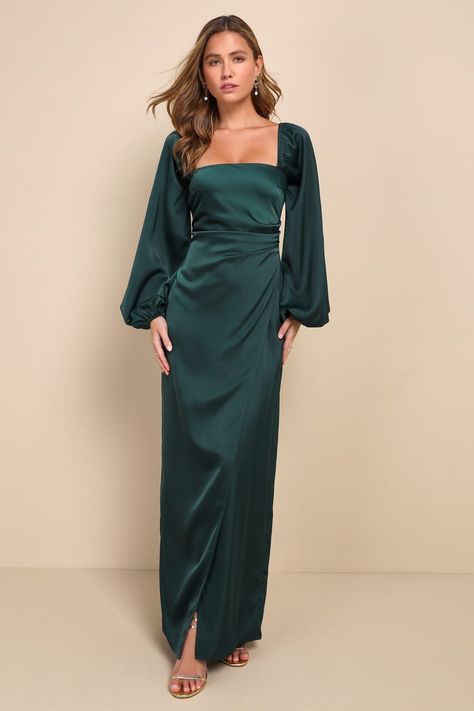 Emerald Satin Gown - Tulip Satin Maxi Dress - Square Neck Maxi - Lulus Long Sleeve Teal Bridesmaid Dresses, Square Neck Puff Sleeve Dress Formal, Made Of Honor Dress Long Sleeve, Olive Green Silk Dress Long Sleeve, Emerald Green Silk Dress Long Sleeve, Long Sleeve Bridesmaid Dress Blue, Elegant Formal Dresses Long Sleeve, Green Satin Wedding Guest Dress, Long Sleeve Formal Dress Maxi