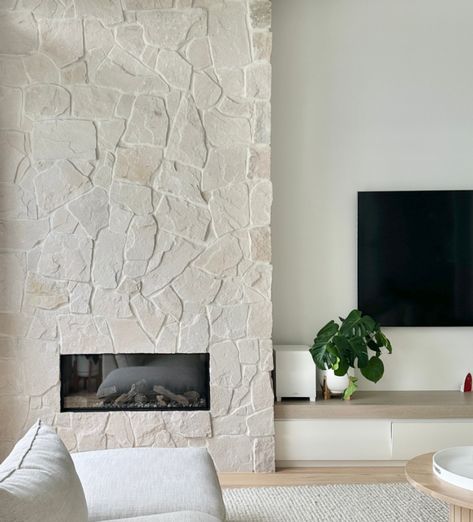 Square Fireplace Surround, Cream Stone Fireplace Living Room, Stone Wall Living Room With Tv, Limestone Veneer Fireplace, Cream Stone Fireplace, Stone Wall Tv, Stone Cladding Fireplace, Sandstone Living Room, Stone Tv Wall