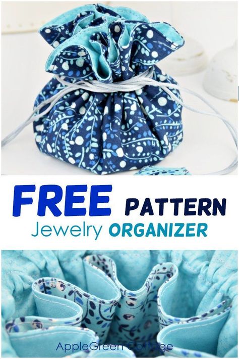 Free pattern for jewelry organizer - easy sewing project! This diy jewelry organizer is easy to sew but so useful! Store your rings, bracelets, and necklaces in a cute portable jewelry holder. An organized solution for small items. Cheers to organized jewelry storage! #diystorage #diyorganizer #jewelrystorage Diy Jewelry Bags, Organized Jewelry, Diy Jewelry Organizer, Cottage Diy, Sewing Projects Free, Diy Jewelry Holder, Free Sewing Pattern, Sew Ins, Modern Bag