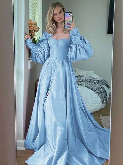 A-Line/Princess Satin Ruffles Sweetheart Long Sleeves Sweep/Brush Train Dresses Fantasy Clothes, Senior Prom, Fame Dr, Satin Prom Dress, Grad Dresses, Prom Dresses With Sleeves, Prom Party, Prom Party Dresses, Dress Ideas