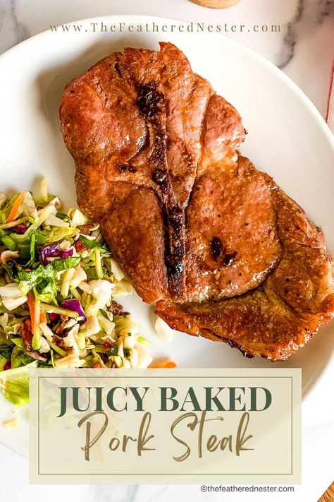 It's official: Baked Pork Steak is our new favorite pork dinner! So simple to make in the oven and SO juicy and flavorful after a quick marinade. Perfect for a quick and easy weeknight meal 😋 #dinnerideas #bakedporksteak #porkdinner Oven Roasted Pork Steaks, Pork Steak Marinade For Oven, Bake Pork Steaks In Oven, Best Pork Steak Recipes, Pork Shoulder Steak Recipes Oven Baked, How To Cook Pork Steaks In The Oven, Oven Baked Pork Steaks Recipes, How To Cook Pork Steaks, Recipes For Pork Steaks