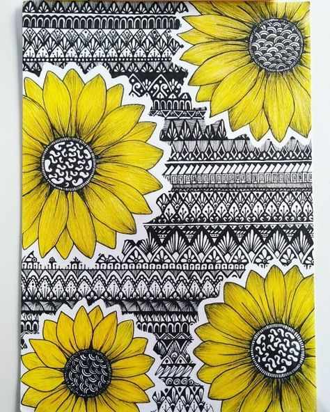 Sunflower Creative Ideas, Flower Easy Drawing Simple, Shading Drawing Sketches Artworks, Flower Mandala Sketch, Colour Pen Art, Zentangle Sunflower, Zentagle Drawing Ideas, Unique Doodle Art, Sunflower Mandala