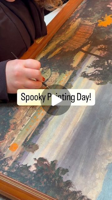 Chelsea Swindle on Instagram: "My sister and I do girls weekends a little differently than others. 😂😂 We had so much fun creating these painting over a painting spooky Halloween scenes!  #paintingart #halloweenart #spookypainting #halloweendecor #antiqueupcycle #upcycle #spookyseason #paintingtutorial #paintingoverpainting" Making Old Paintings Spooky, Painting Old Pictures For Halloween, How To Paint A Witch, Spooky Thrifted Painting, Thrift Painting Halloween, Spooky House Aesthetic, Diy Spooky Painting, Halloween Thrift Store Painting, Diy Fall Paintings