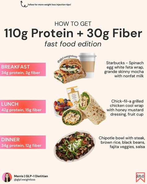 When your grocery store run is way overdue 🙃 …I’ve got you! 🫶 Who said fast food can’t be healthy?! Here are some fast food options that help you meet your protein & fiber goals on your GLP-1 weight loss nutrition plan 🍽️ This entire day adds up to right under 1500 calories! Share this with a friend who hates cooking 😝 . . . #glp1 #weightlosshelp #weightlossdietitian #saxenda #mounjaro #wegovyweightlossjourney #zepbound #highproteinmeals #highproteindiet #highfiber Fast Food Healthy Choices, Protein Fast Food, Healthy Fast Food Choices, High Protein Fast Food, Healthy Fast Food Options, Healing Diet, Food Swaps, Eating Better, Nutrition Plan