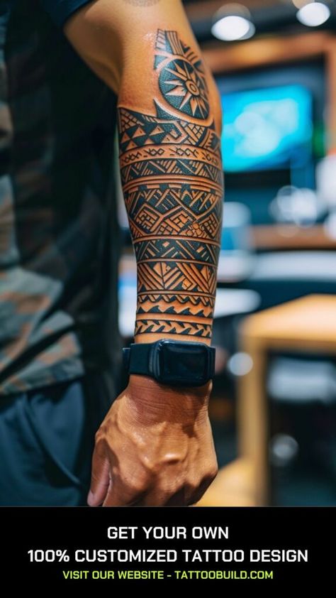 tribal sleeve tattoo Aztec Tattoos Men, Best Tattoo Ideas For Men Arm, Polynesian Tattoo Sleeve Men, Sleeves Tattoos For Guys, Aztec Sleeve Tattoos, Men Tattoo Ideas Arm, Arm Tattoo Designs Men, Geometric Tattoo Men, Aztec Art Tattoo