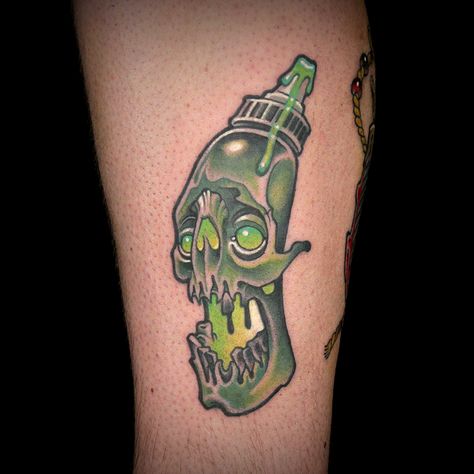 Green Ink Bottle Tattoo by Creepy Jason Ink Bottle Tattoo, Tattoo Ink Bottles, Marathon Tattoo, Green Tattoos, Monster Tattoo, Bottle Tattoo, Bottle Drawing, New School Tattoo, Ink Master