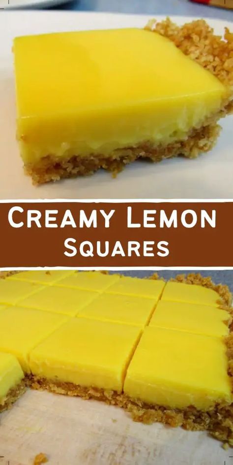 Delicious Creamy Lemon Squares recipe Creamy Lemon Squares, Creamy Lemon Bars, Lemon Squares Recipe, Lemon Square, Lemon Squares, Bars And Cookies, Lemon Filling, Shortbread Crust, Cake Bars