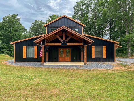 Wood Trims, Accents, Beams, and Posts. Image via Barndominium Living Facebook group by Maureen S. Copper Roof Barndominium, Barndo Exterior Colors, Copper Roof House Exterior Colors, Mountain Barndominium, Cabin Aesthetics, Copper Metal Roof, Wooden Window Shutters, Shutter Hardware, Siding Ideas