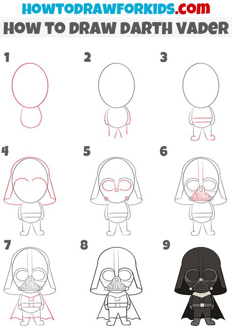 How to Draw Darth Vader - Easy Drawing Tutorial For Kids Darth Vader Cartoon Drawing, Darth Vader Easy Drawing, Darth Vader Art Drawings, How To Draw Darth Vader Step By Step, Darth Vader Doodle, How To Draw Star Wars Step By Step, Darth Vader Painting Easy, Easy Starwars Drawing, How To Draw Darth Vader