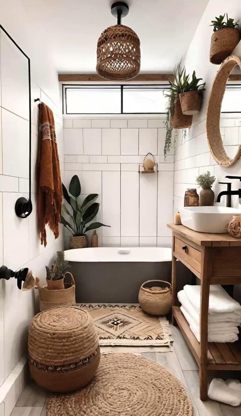 Boho White Bathroom Ideas, Bohemian Bathroom Ideas Vintage, Black Bohemian Bathroom, Boho Scandinavian Bathroom, Master Bath Boho Farmhouse, Clean Boho Bathroom, Bathroom Bohemian Style, Tulum Bathroom Decor, Bathroom Boho Style