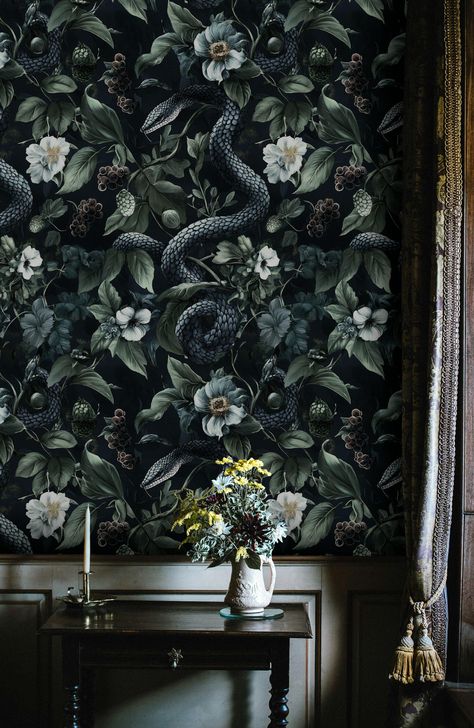 Dark Botanical Wallpaper with Serpentine Design, Moody Floral Decor Peel and Stick Black Mural Wallpaper, Dark Green Bedroom Wallpaper, Moody Burgundy Living Room, Dark Home Wallpaper, Moody Feature Wall, Black Bedroom Wallpaper, Gothic Floral Wallpaper, Black With Wallpaper, Dark Floral Bedroom