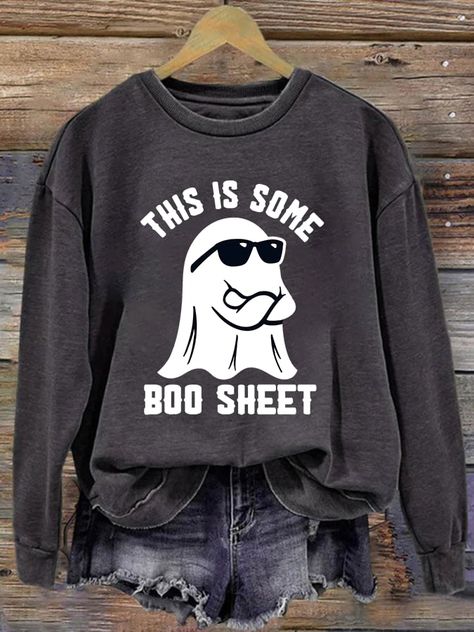 Boo Sheet, Halloween Tattoo, Round Neck Sweaters, Halloween Sweatshirt, Wrap Sweater, Long Sleeve Sweatshirt, Halloween Women, Printed Sweatshirts, Infinity Scarf