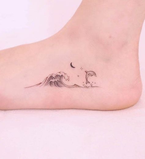 Ankle Dolphin Tattoo, Dolphin Beach Tattoo, Wave Dolphin Tattoo, Pacific Ocean Tattoo, Dolphin Tattoo Realistic, Dolphin Wave Tattoo, Small Dolphin Tattoo Simple, Sea Tatoos The Ocean, Tiny Dolphin Tattoo