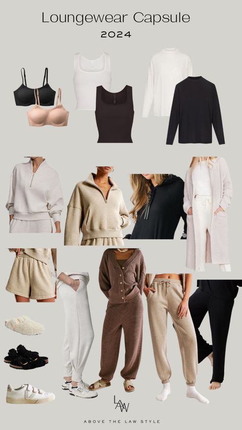 Loungewear Capsule 2024 - Above The L.A.W. Style Athleisure Outfits Capsule, Athletic Wear Capsule Wardrobe, Athlesuire Capsule Wardrobe, Lounge Capsule Wardrobe, Lounge Wear Capsule Wardrobe, Capsule Loungewear, Edgy Loungewear, Selfcare Outfit, Carry On Luggage Packing