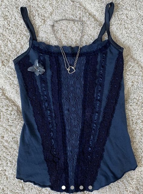 Fae Aesthetic Clothes, Dark Blue Corset, Blue Clothes Aesthetic, Vintage Cami Top, Blue Corset Top, Teal Outfits, Dark Blue Blouse, Outfit Grunge, Dark Blue Shirt